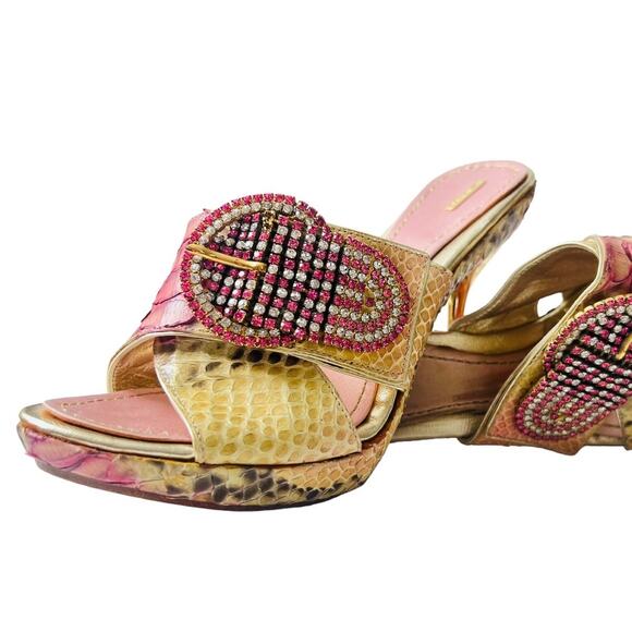 Massimo Dogana Snake Rhinestone Gold Heels Size 37 1/2 Upper Leather Soles - Picture 5 of 16